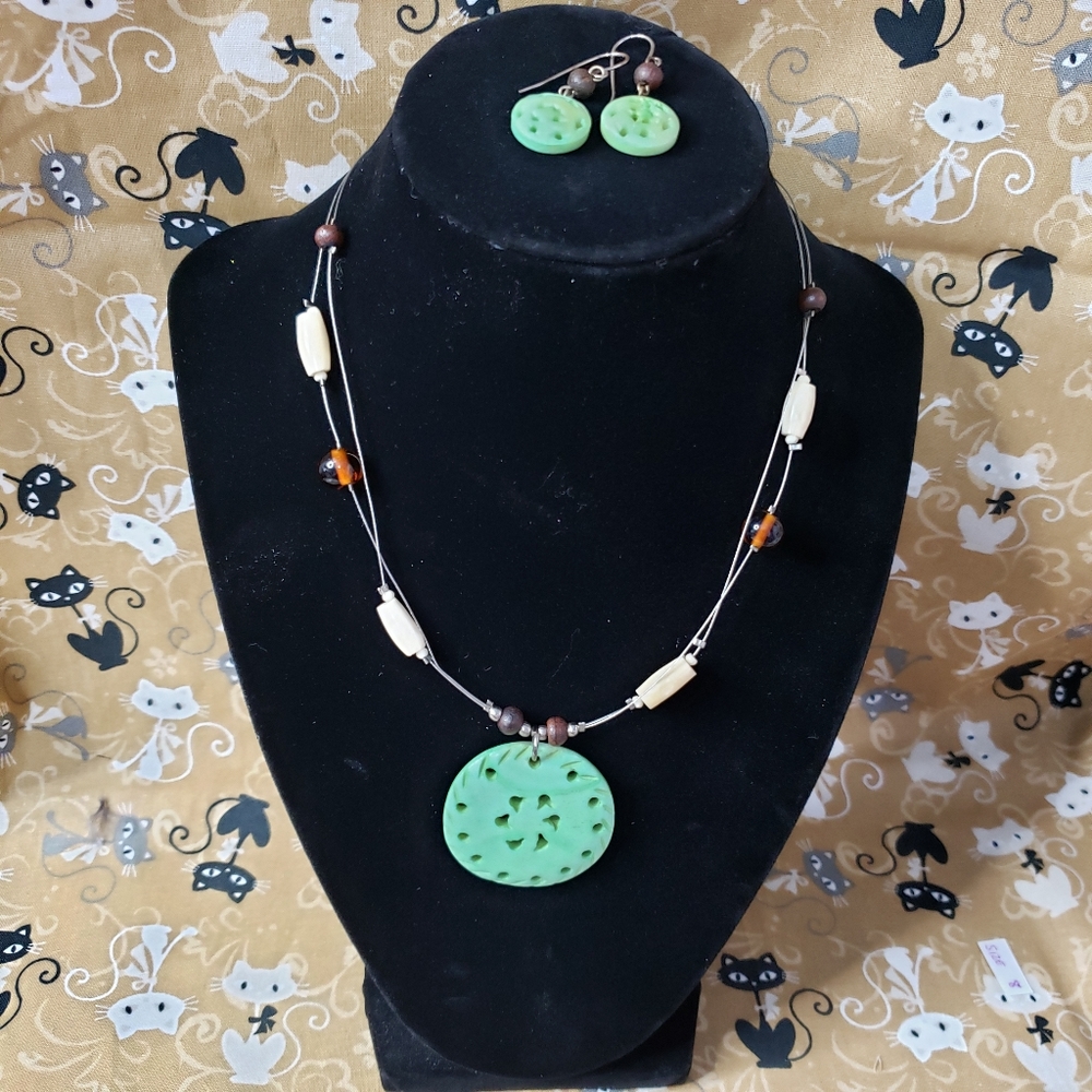 Handmade Carved Bone Necklace and Earring Set
